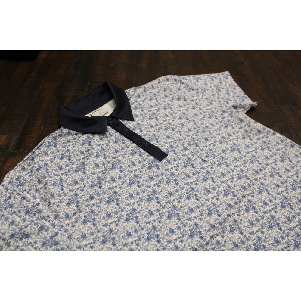 BYLT Printed Polo Shirt Mens Large Blue Floral Stretch Casual Short Sleeve